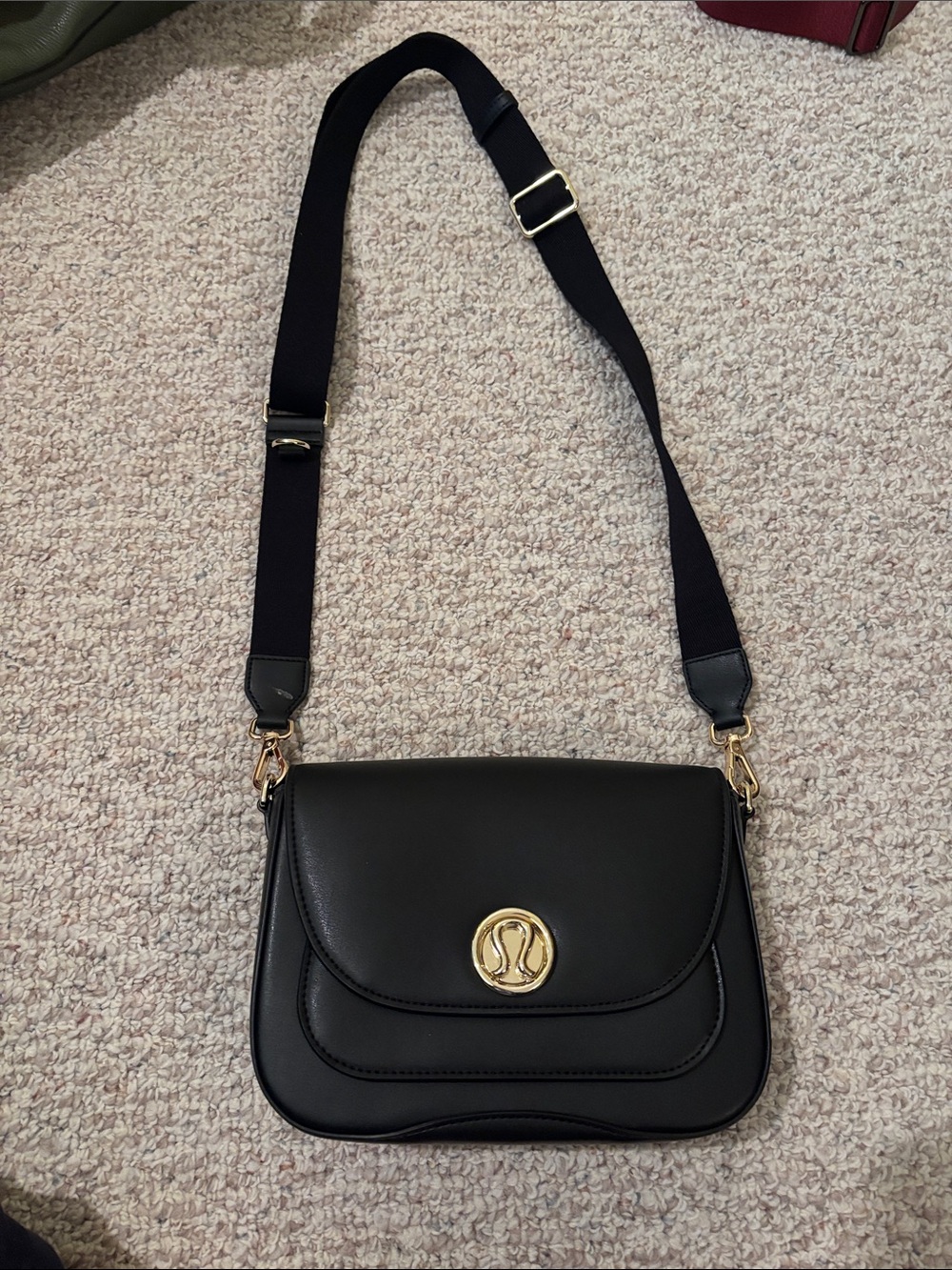 lululemon athletica Black Leather Crossbody with Gold Medallion 1.5 L